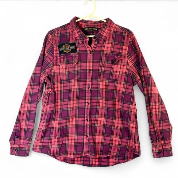Harley-Davidson Women's Laser Cut Logo Long Sleeve Plaid Shirt Red XL - Picture 2 of 8